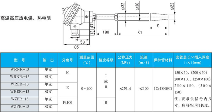 电站测温专用热电偶高温高压规格表